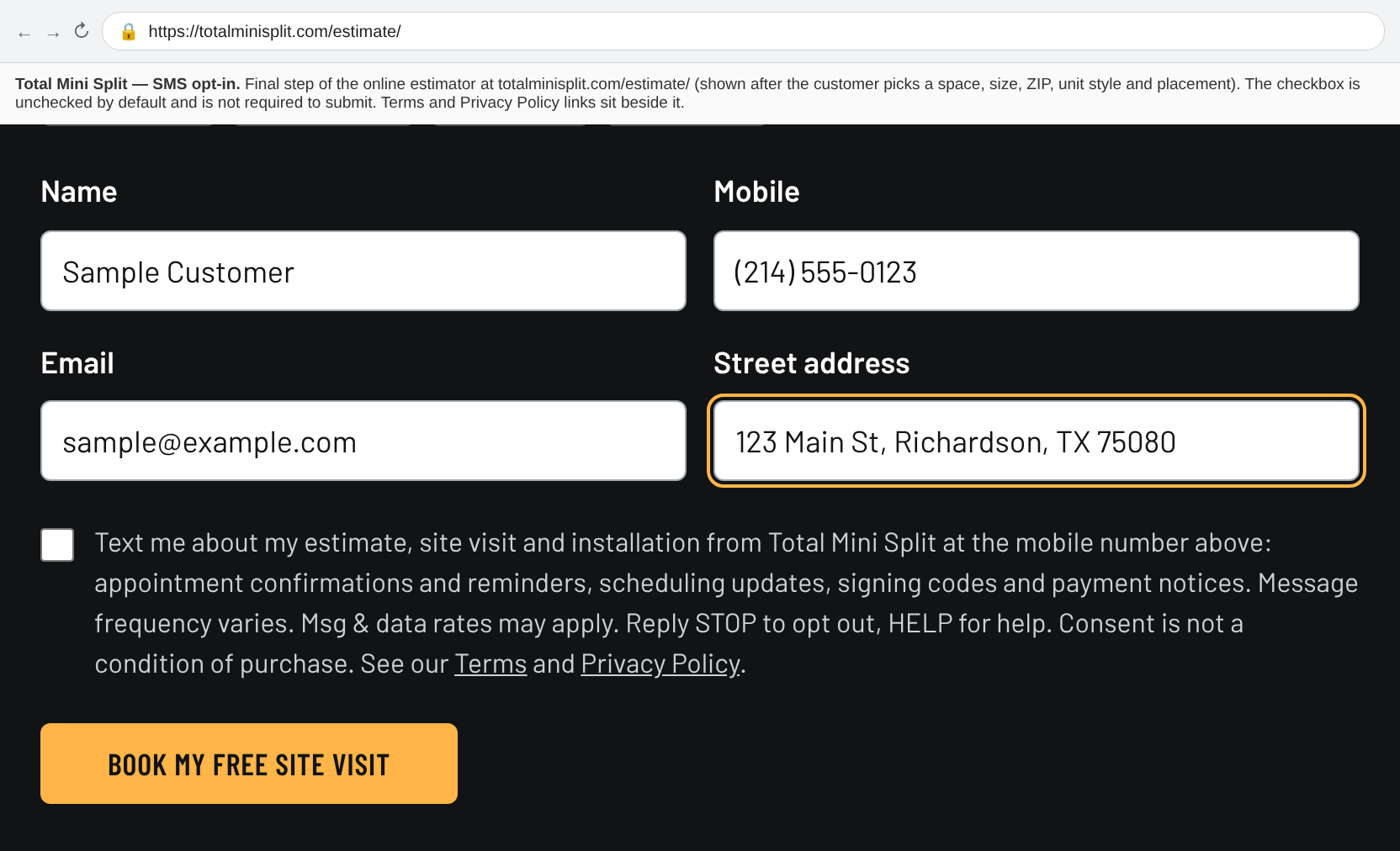 The site visit booking form on the estimator, with the unticked SMS consent checkbox beneath the mobile number field