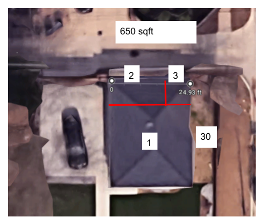 Aerial view diagram of 650 sqft garage conversion showing three distinct spaces labeled 1, 2, and 3