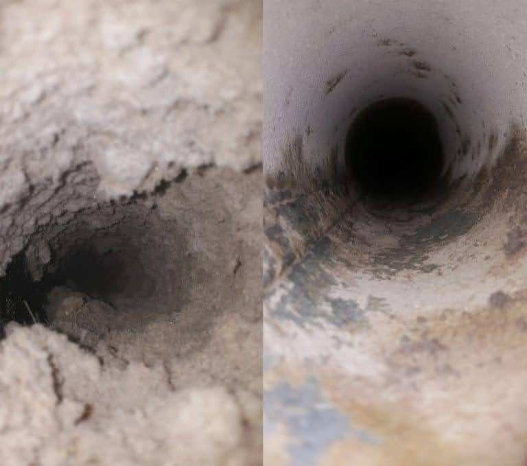 A side-by-side comparison of a dirty and clean air duct, emphasizing the impact of proper maintenance on heat pump systems.
