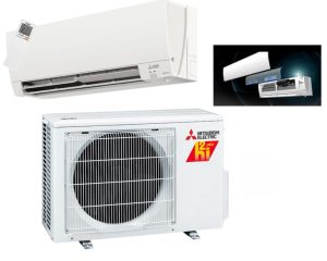 Mitsubishi Electric mini-split system with a wall-mounted indoor unit and outdoor condenser, showcasing energy-efficient HVAC technology.