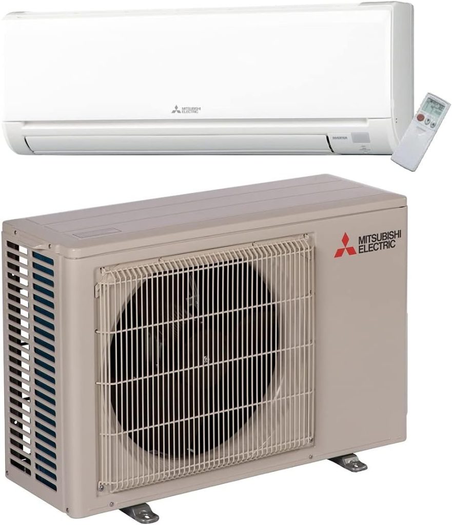 Mitsubishi Electric multi-zone mini-split air conditioning system with indoor units and an outdoor condenser.