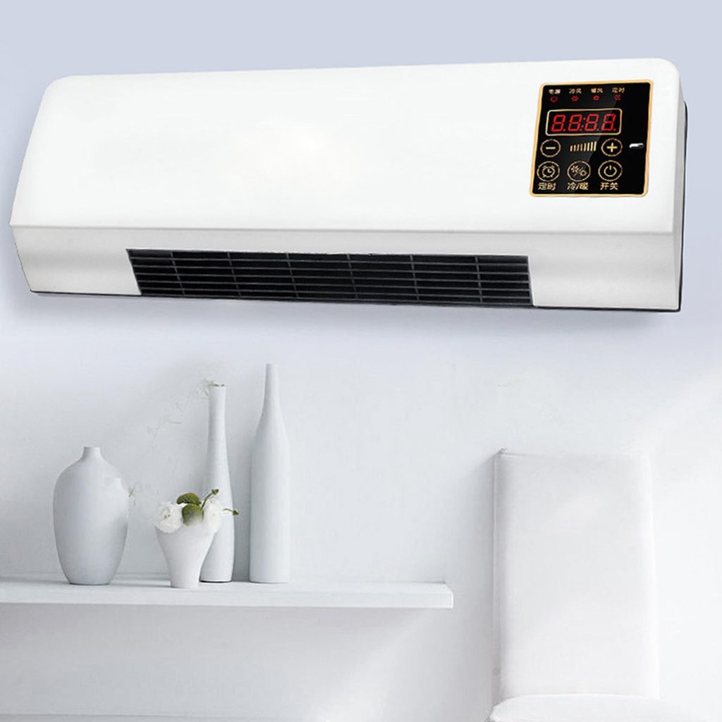 Wall-mounted air conditioning unit featuring a digital control panel and sleek design.