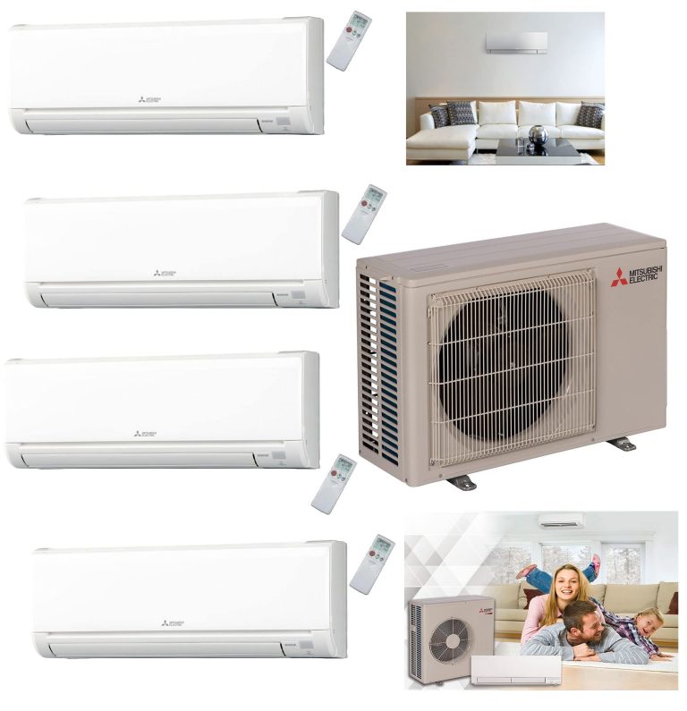 Mitsubishi Electric mini-split air conditioner system with multiple indoor units and outdoor condenser unit.
