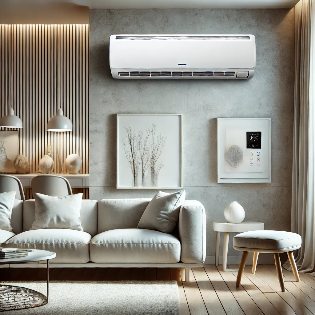 The image showcases a sleek white mini split air conditioning unit installed on a wall in a contemporary living room. The unit features visible vents and a digital display, seamlessly blending with the neutral-toned decor. The room includes simple furniture and a large window allowing natural light to illuminate the space.