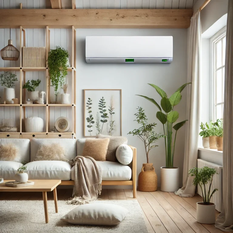 A mini split air conditioning unit on a wall in a Scandinavian-inspired living room with light wood furniture and indoor plants.