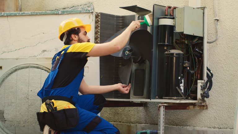 An HVAC technician wearing a hard hat and overalls cleaning the blower fan of an outdoor air conditioning unit.
